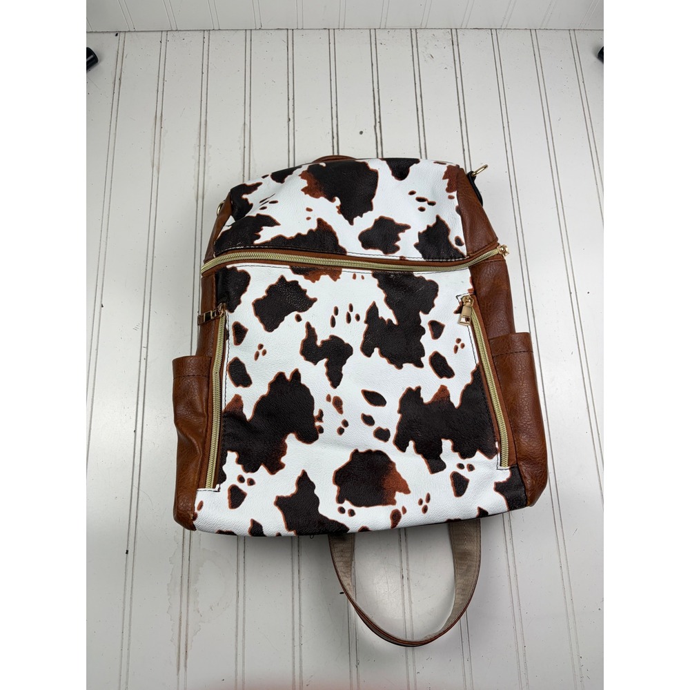 Vintage Y2K Cow Print Boho Western Brown White Faux Leather School Back Pack - Picture 2 of 13